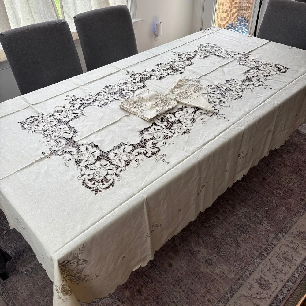 Vintage BLI Madeira Hand Embroidered Pure Linen Tablecloth Napkin Set Portugal